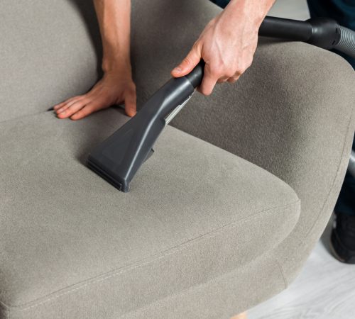 cropped view of cleaner washing armchair with vacuum in living room