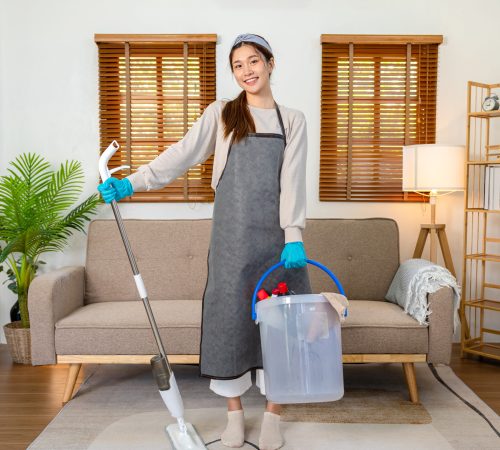 Housekeeper is holding mop with vacuum cleaner and bucket of cleanser bottle and feather duster for working to perform routine house cleaning.